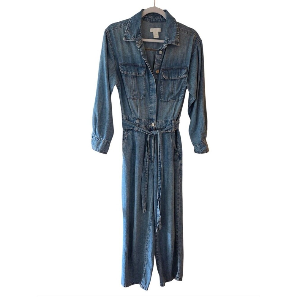 H&M denim long sleeve tie-waist jumpsuit boilersuit women's blue size small